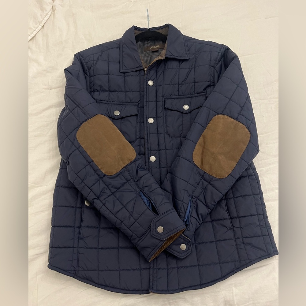 Tasso Elba Men's Quilted Navy Jacket with Brown Elbow Patches